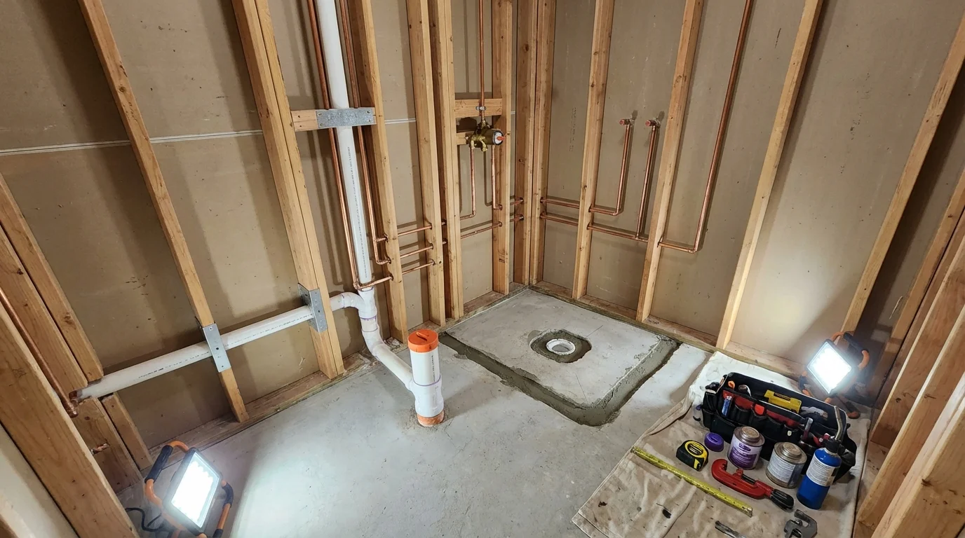 Bathroom rough-in plumbing during remodel by Johns Plumbing LLC in Panama City Beach