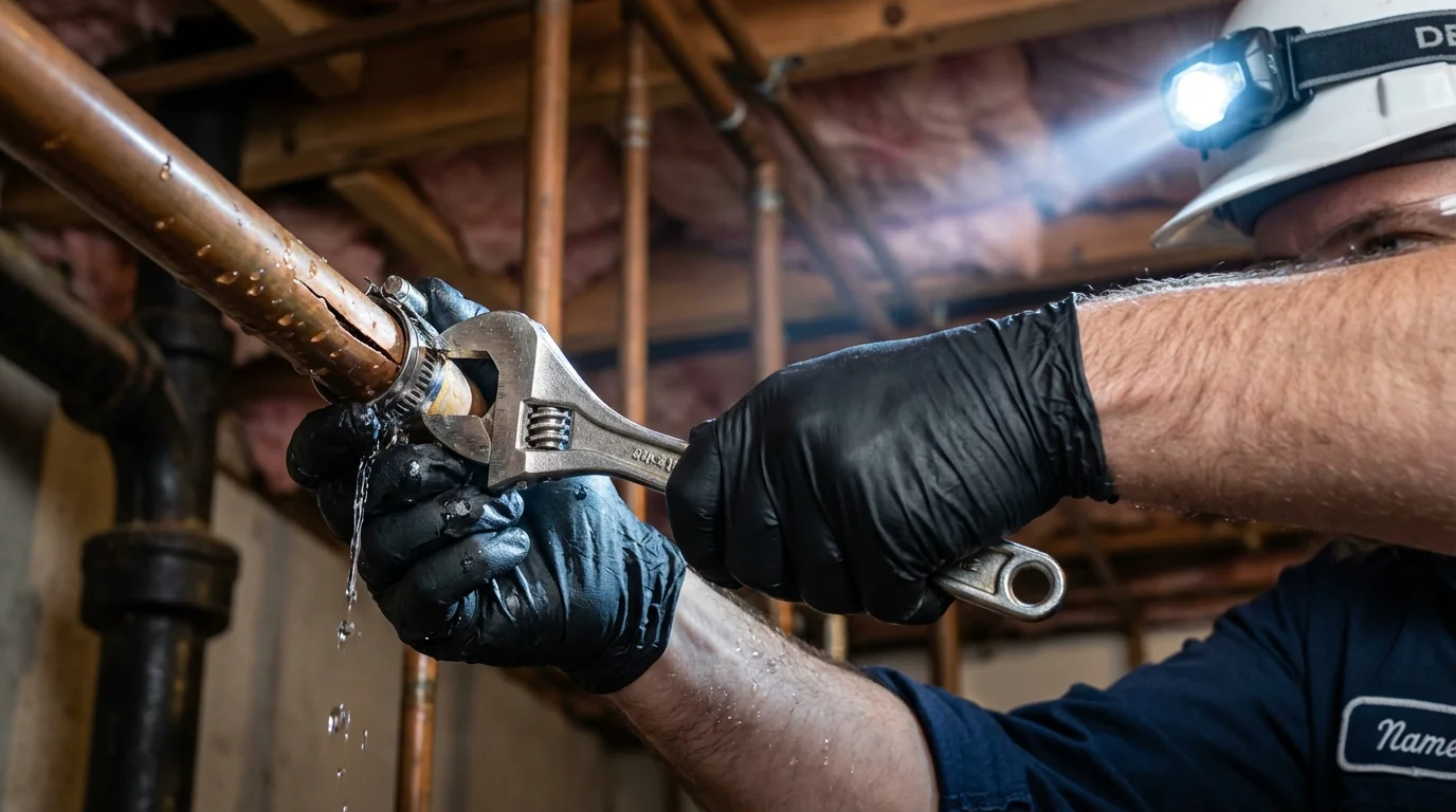 Emergency pipe clamp repair being performed by a Johns Plumbing LLC plumber in Panama City Beach