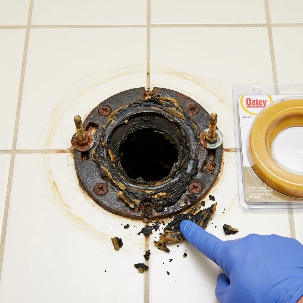 Failed wax ring showing water seepage at the base of a toilet in a Panama City Beach, FL home