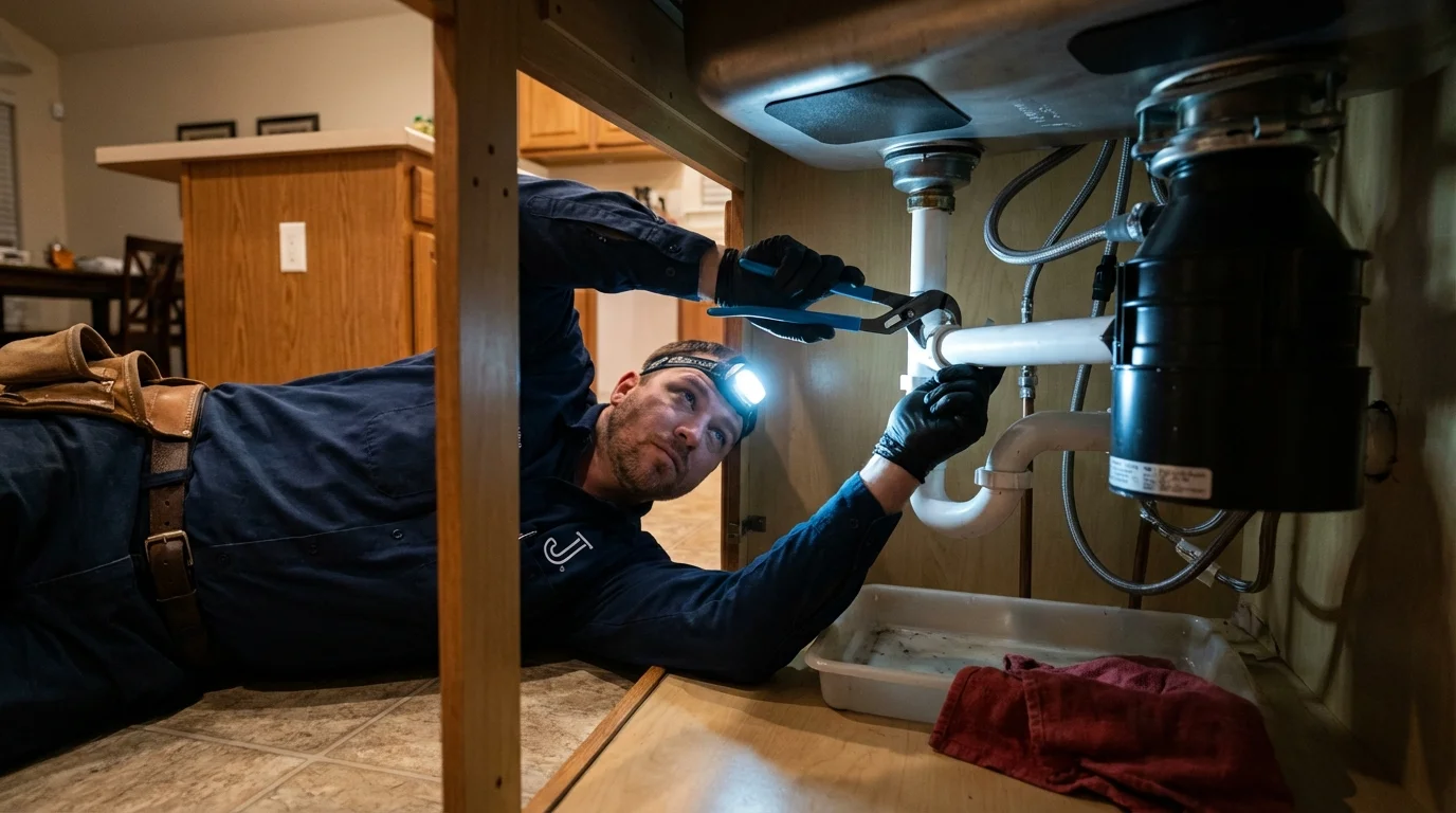 P-trap and supply line connections under a kitchen sink showing a common leak point in Panama City Beach, FL